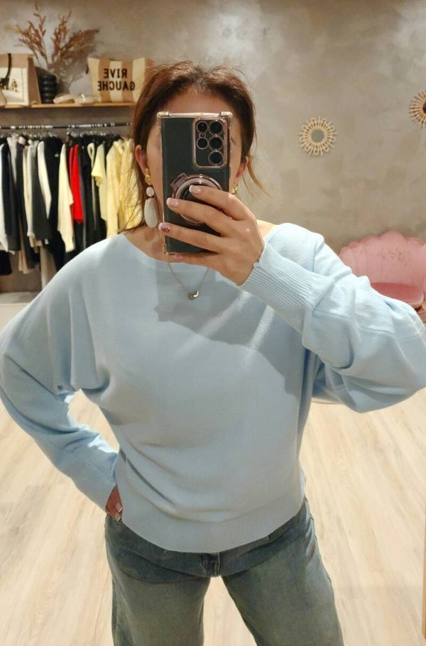 Pull manche chauve souris bleu ciel
