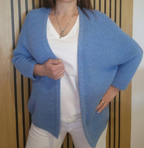 Gilet nid d'abeille  manche chauve souris bleu jeans