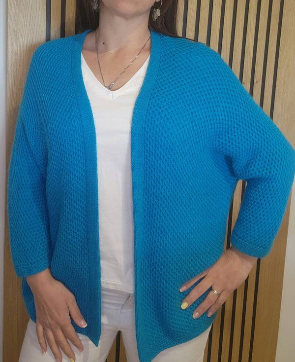 Gilet nid d'abeille manche chauve souris bleu turquoise