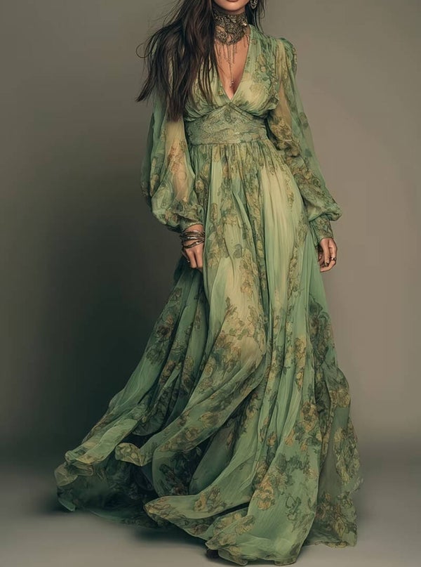 Vintage Green Bohemian Floral Print Ruffle Hem Maxi Dress
