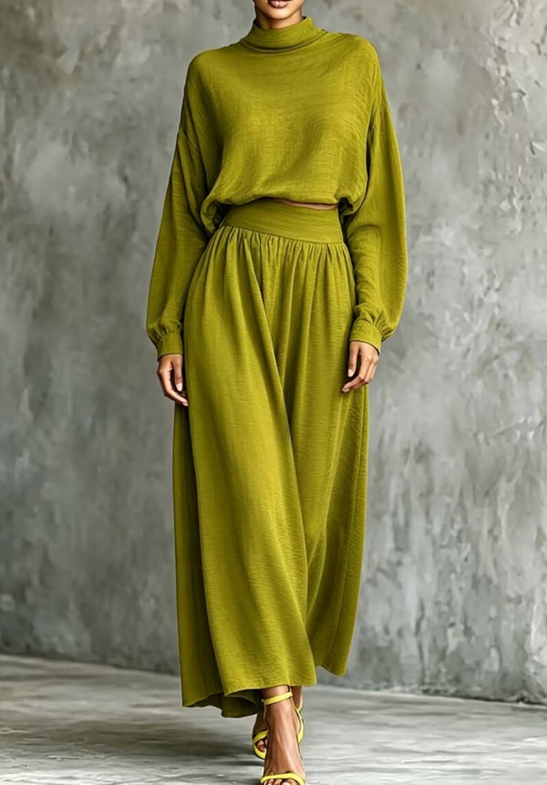 Winter elegant long sleeve puff sleeve top skirt set