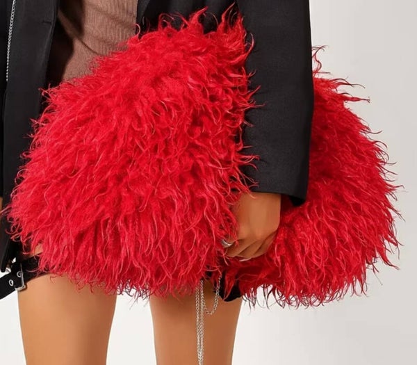 Faux long curly clutch bag