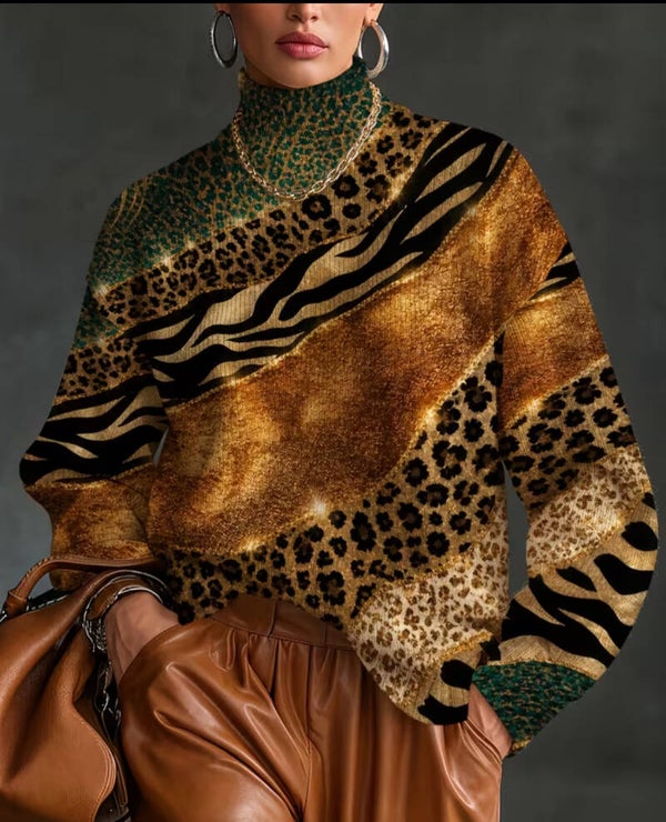 Autumn/Winter Color-Block Animal Print Half-Turtleneck Long-Sleeve Bohemian Sweater