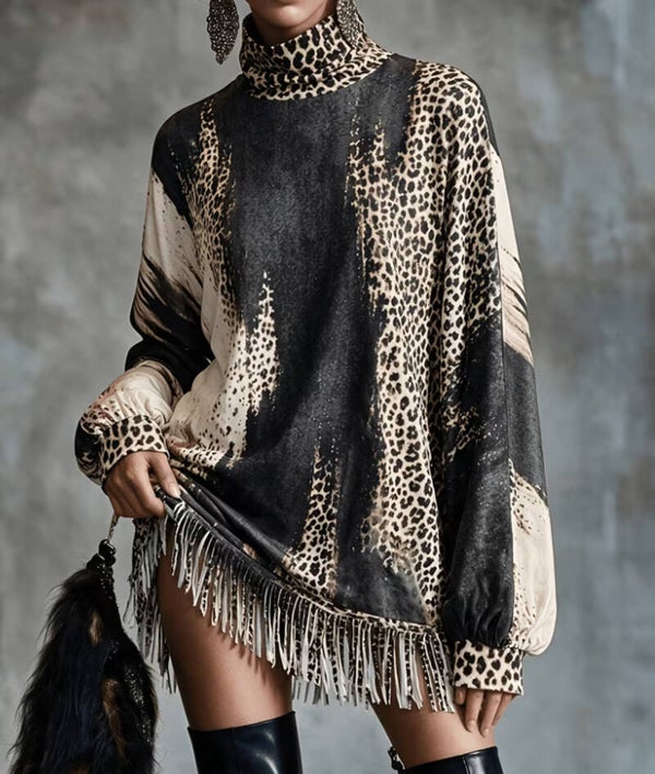 Women'S High Neck Leopard Print Fringe Loose Dress