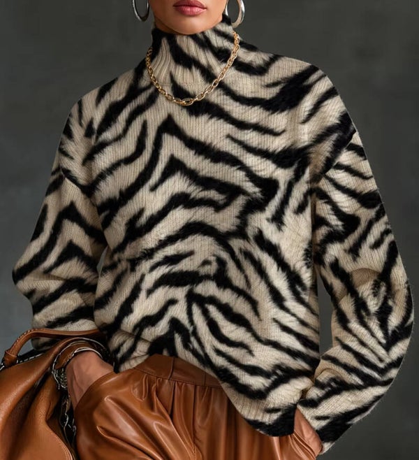 2D Digital Printing] Autumn Winter Animal Print Black White Color-Block High Neck Long Sleeve Sweater