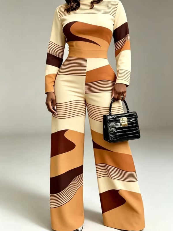 Women Retro Color Block Long Sleeve Jumpsuit High Waist Wide Leg Elegant Party Daily One-Piece Outfit