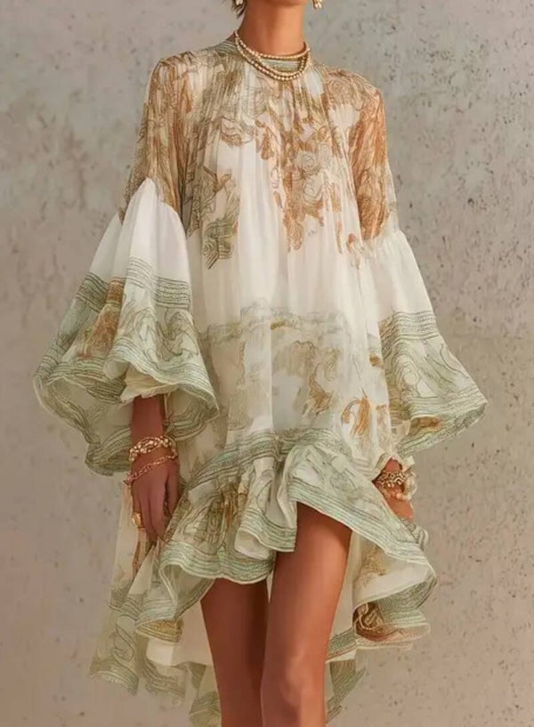 Elegant Relaxed Vacation Style | Vintage Printed Stand Collar Flared Sleeve Irregular Short Skirt