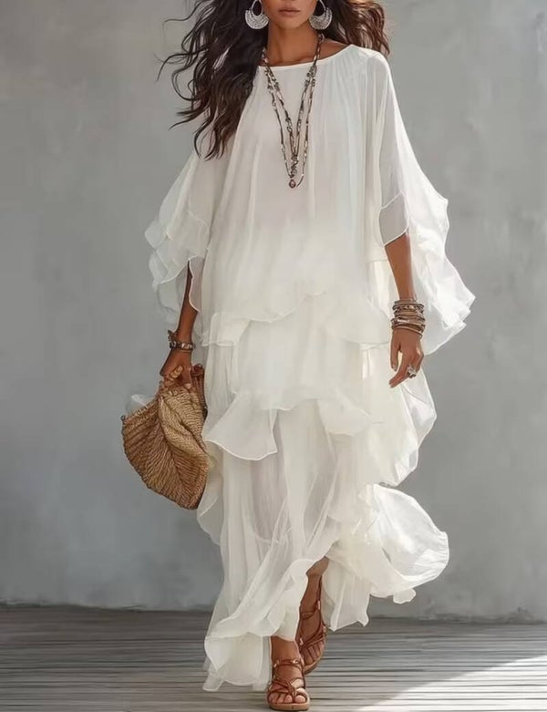 White Chiffon Ruffle style long length  dress