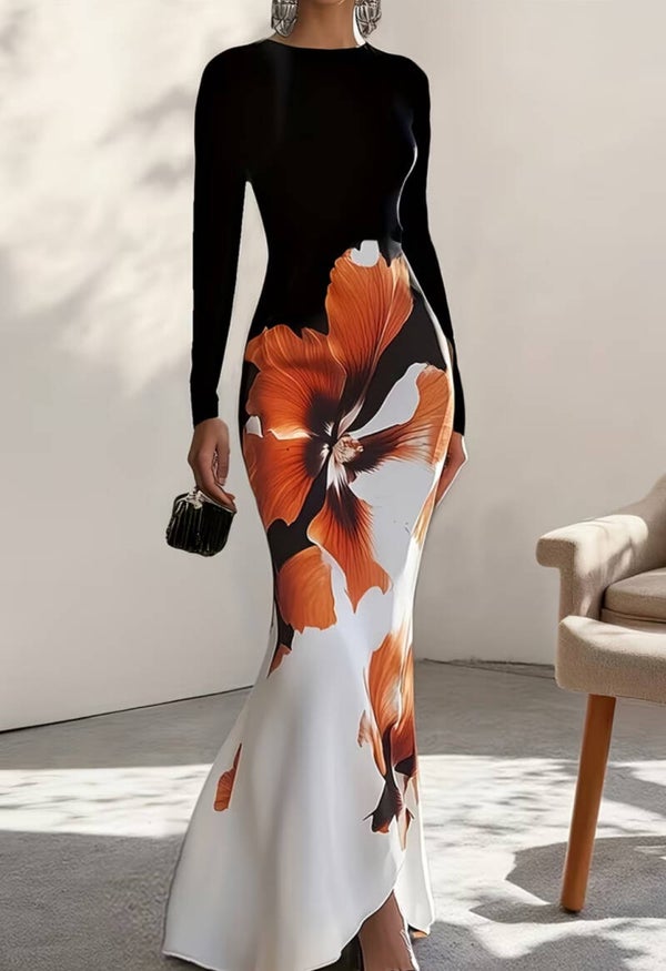 Elegant Floral Print Bodycon Maxi Dress with Mermaid Hem