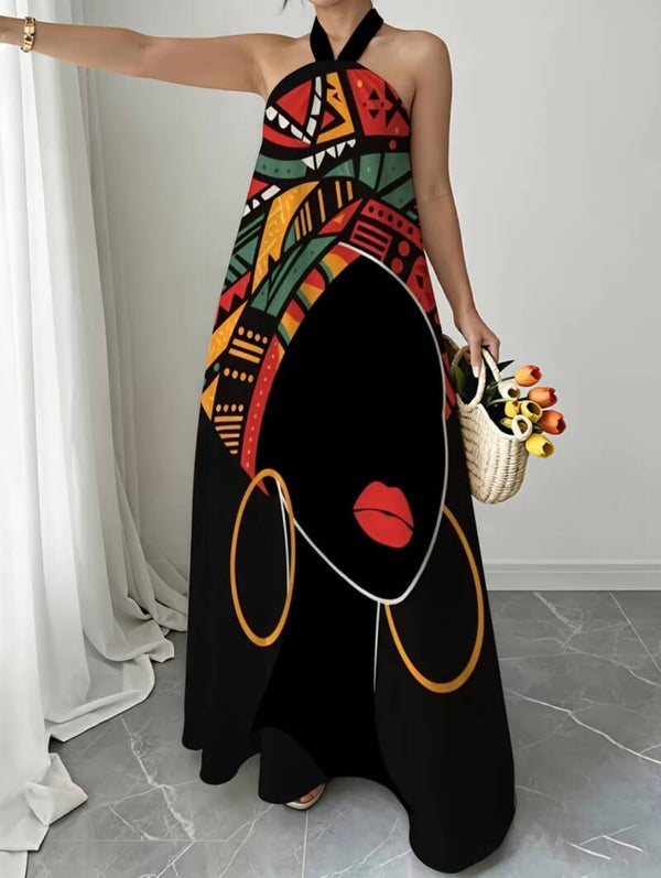 African print halter maxi dress