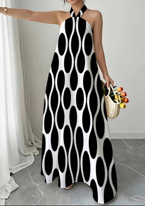 Black and white halter neck dress