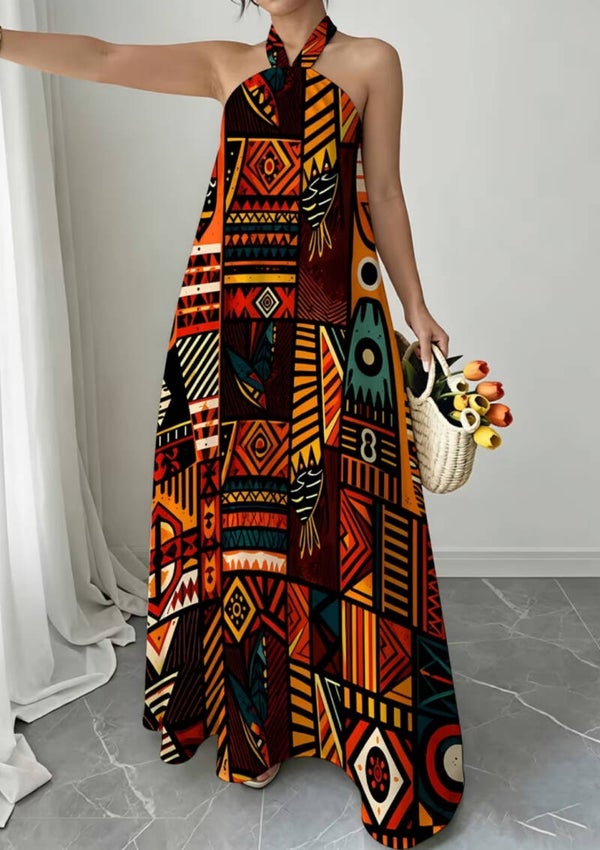 Geometric print halter dress