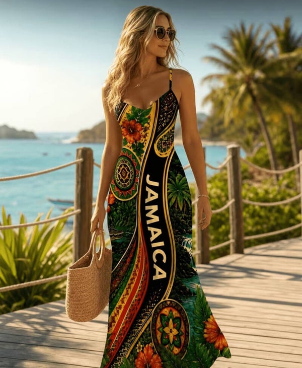 Jamaican -themed printed halter maxi dress