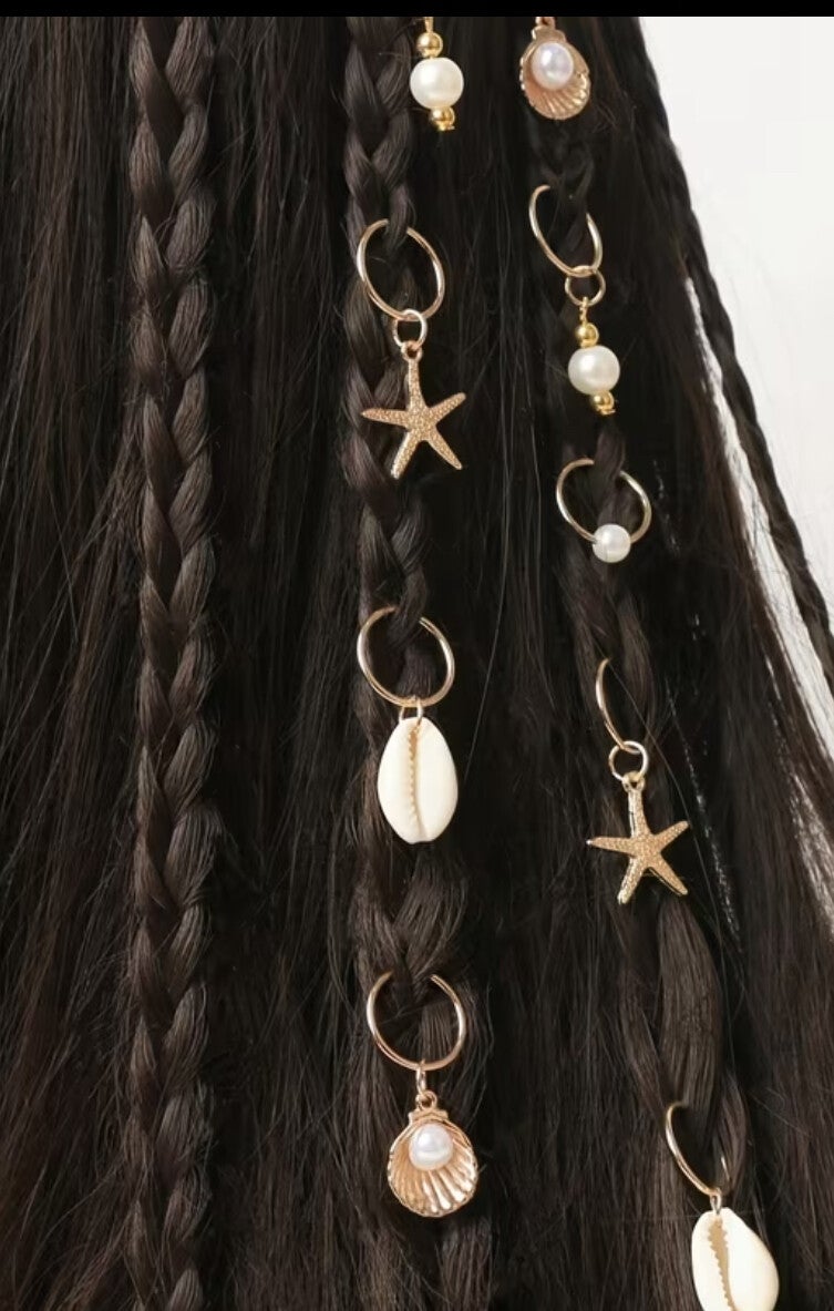 10pcs (10pcs) Bohemian Starfish Shell & Imitation Pearl Hair Rings