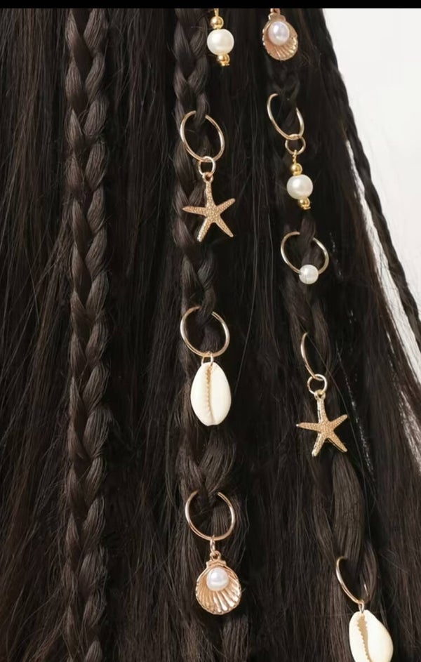 10pcs (10pcs) Bohemian Starfish Shell & Imitation Pearl Hair Rings