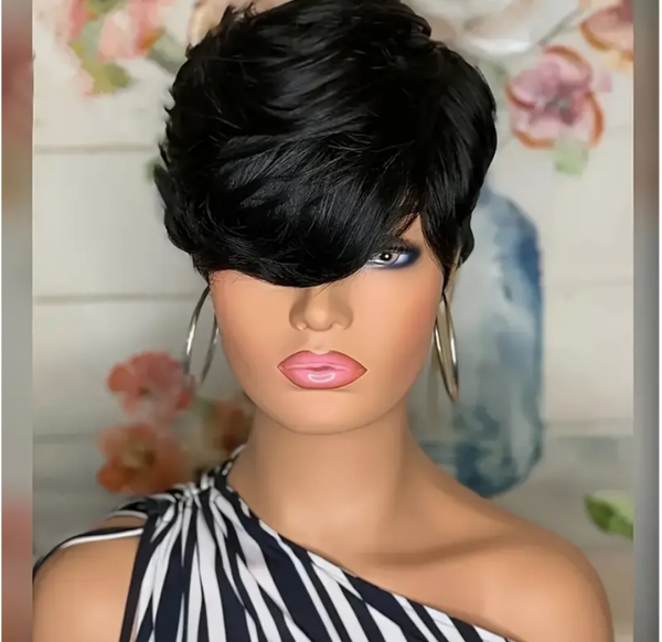 Natural Black - 180 Density Short Pixie Cut Wigs Human Hair  Wig