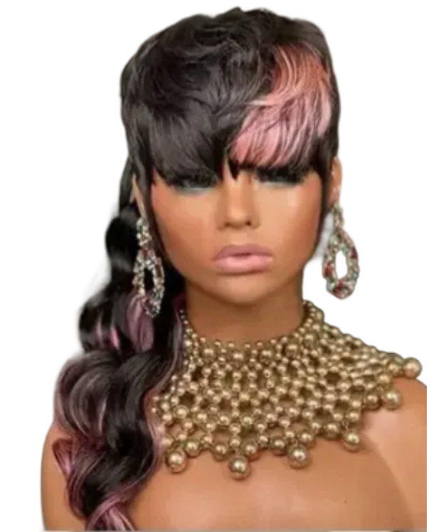 Hot Pink - Pixie Cut Wavy Wigs Mullet Human Hair Body Wave Wigs