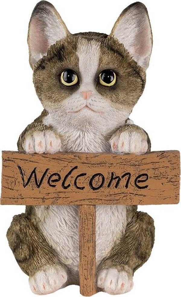 Kat Beeldje met 'Welcome' Bordje