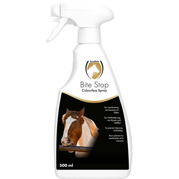Excellent Horse Bite Stop Spray 500 ml Excellent Horse Bite Stop Spray bevat een bittere stof, die voorkomt dat paarden gaan bijten aan dekens, bandages, deuren, staart en manen.