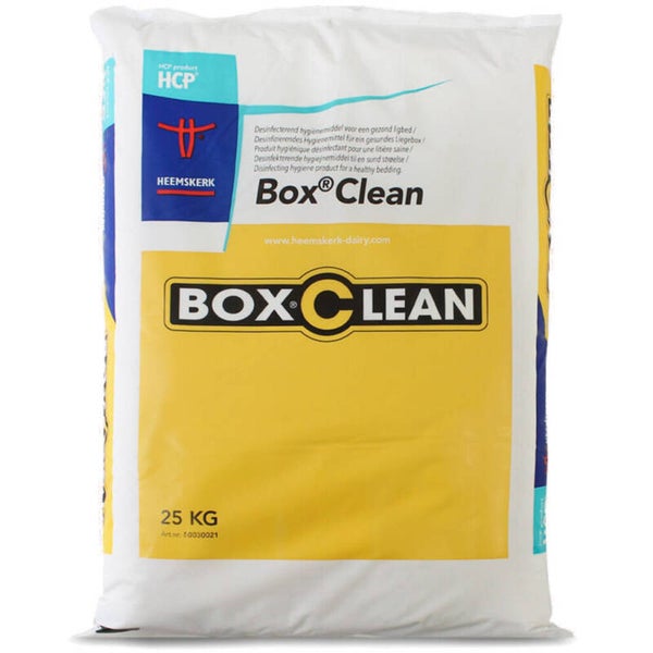 BoxClean 25 kg BoxClean is een geregistreerd biocide ter bestrijding van bacteriën die vanuit de leefomgeving de speen binnen kunnen dringen.