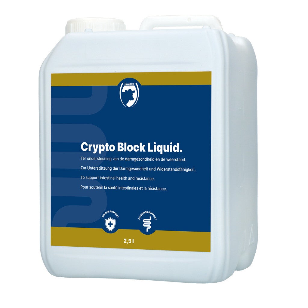 Excellent Crypto Block Liquid 2,5L Aanvullend diervoeder met fulvinezuren en yucca ter ondersteuning van darmgezondheid en weerstand bij jonge dieren.