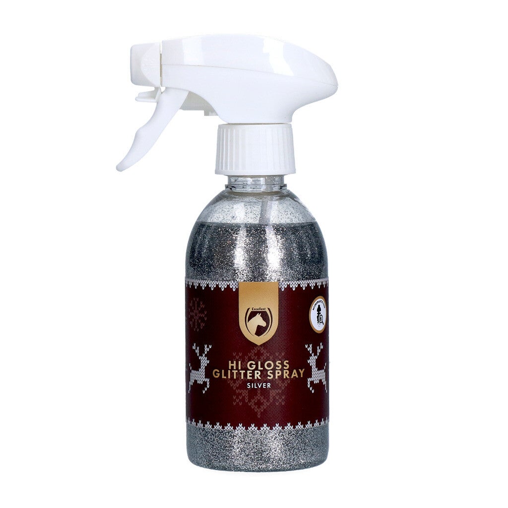 Excellent Horse Christmas Hi Gloss Glitter Spray Zilver 250 ml Een feestelijke spray die de vacht, manen en staart een sprankelend glittereffect geeft.