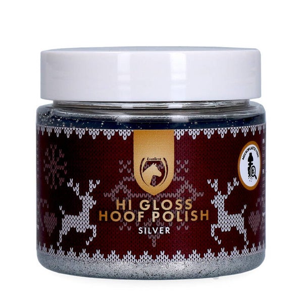 Excellent Horse Christmas Hi Gloss Hoof Polish Zilver 150 ml Hoeflak die de hoeven en de vacht van het paard een feestelijke glitterglans geeft.