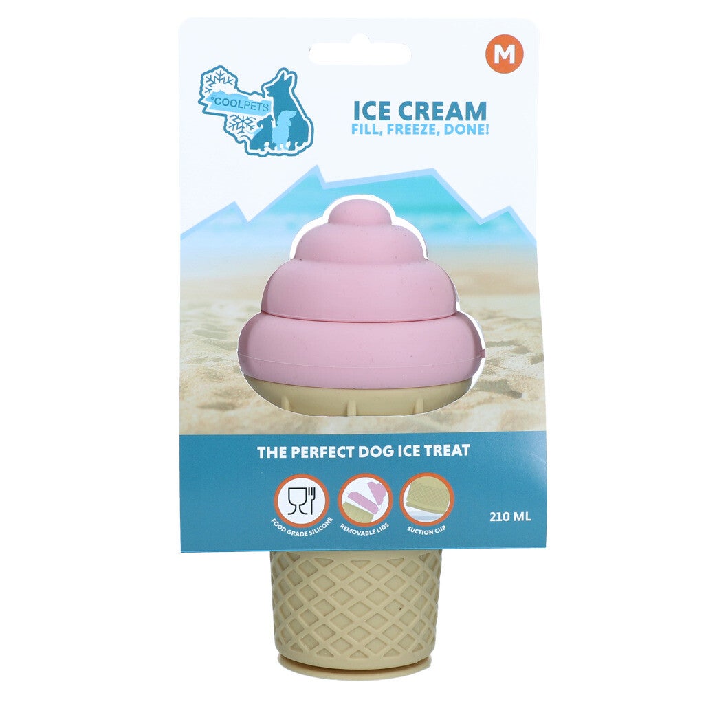 Coolpets Ice Cream Maat M of S Verfrissend ijsje voor honden van 100% voedselveilig siliconen, vulbaar met yoghurt of ander lekkers, stabiel door zuignap en verkrijgbaar in 70 en 210 ml.