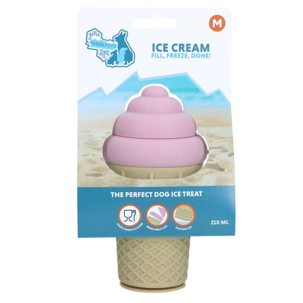 Coolpets Ice Cream Maat M of S Verfrissend ijsje voor honden van 100% voedselveilig siliconen, vulbaar met yoghurt of ander lekkers, stabiel door zuignap en verkrijgbaar in 70 en 210 ml.