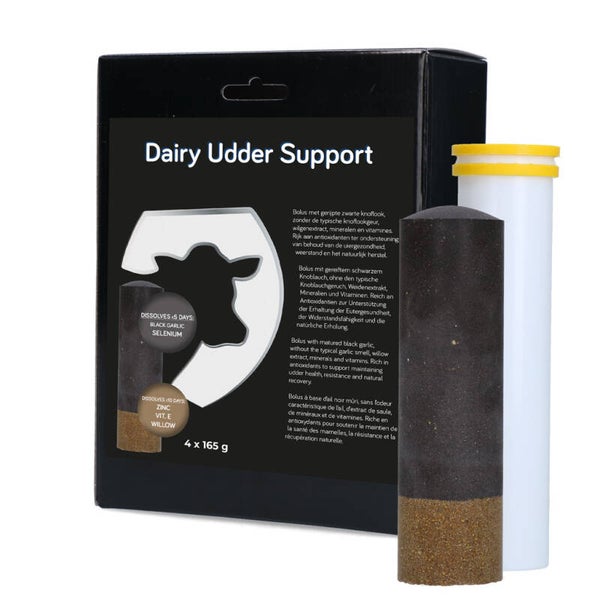 Dairy Udder Support Bolus 4 x 165 g Bolus voor rundvee, rijk aan antioxidanten ter ondersteuning van het behoud van de uiergezondheid, weerstand en natuurlijk herstel.