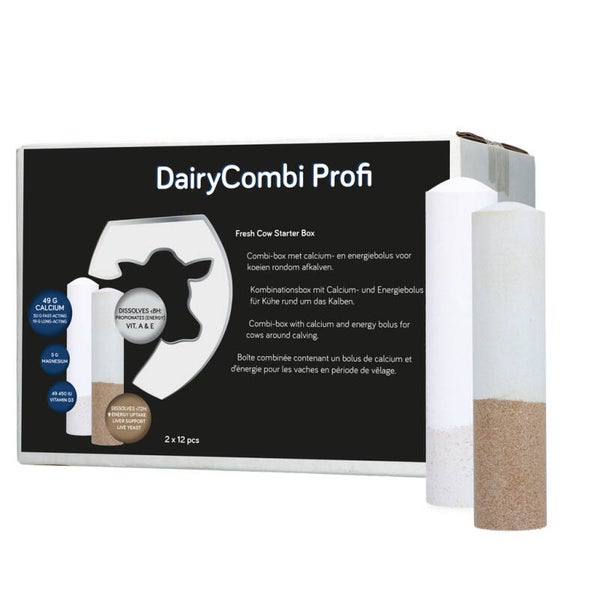 DairyCombi Profi Bolus 2 x 12 stuks Combi-box met calcium- en energiebolus voor koeien rondom afkalven, ter vermindering van het risico op melkziekte, subklinische hypocalciëmie en slepende melkziekte.