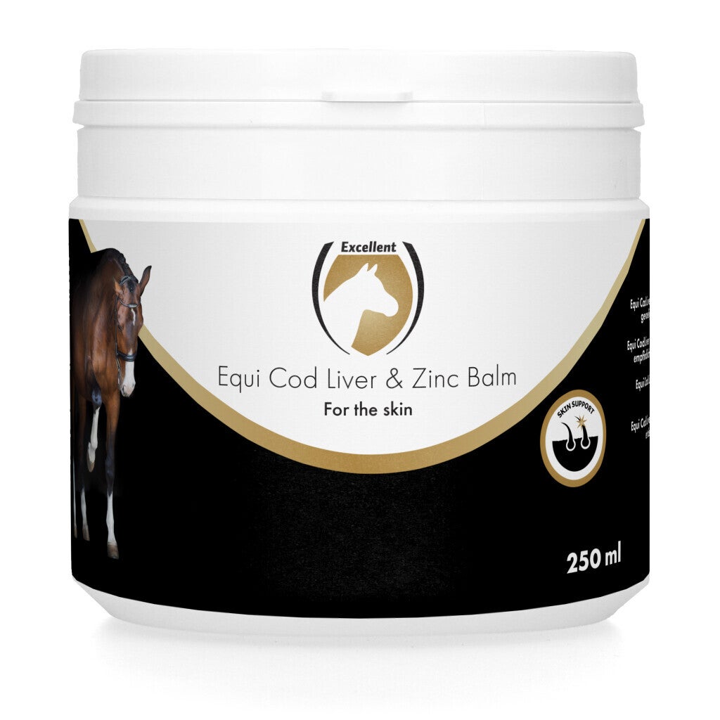 Excellent Horse Cod Liver & Zinc Balm 250 ml Huidverzorgende zalf met levertraan en zink. Het helpt de gevoelige huid te beschermen en het herstellend vermogen van de huid te ondersteunen.
