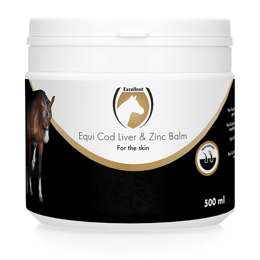 Excellent Horse Cod Liver & Zinc Balm 500 ml Huidverzorgende zalf met levertraan en zink. Het helpt de gevoelige huid te beschermen en het herstellend vermogen van de huid te ondersteunen.