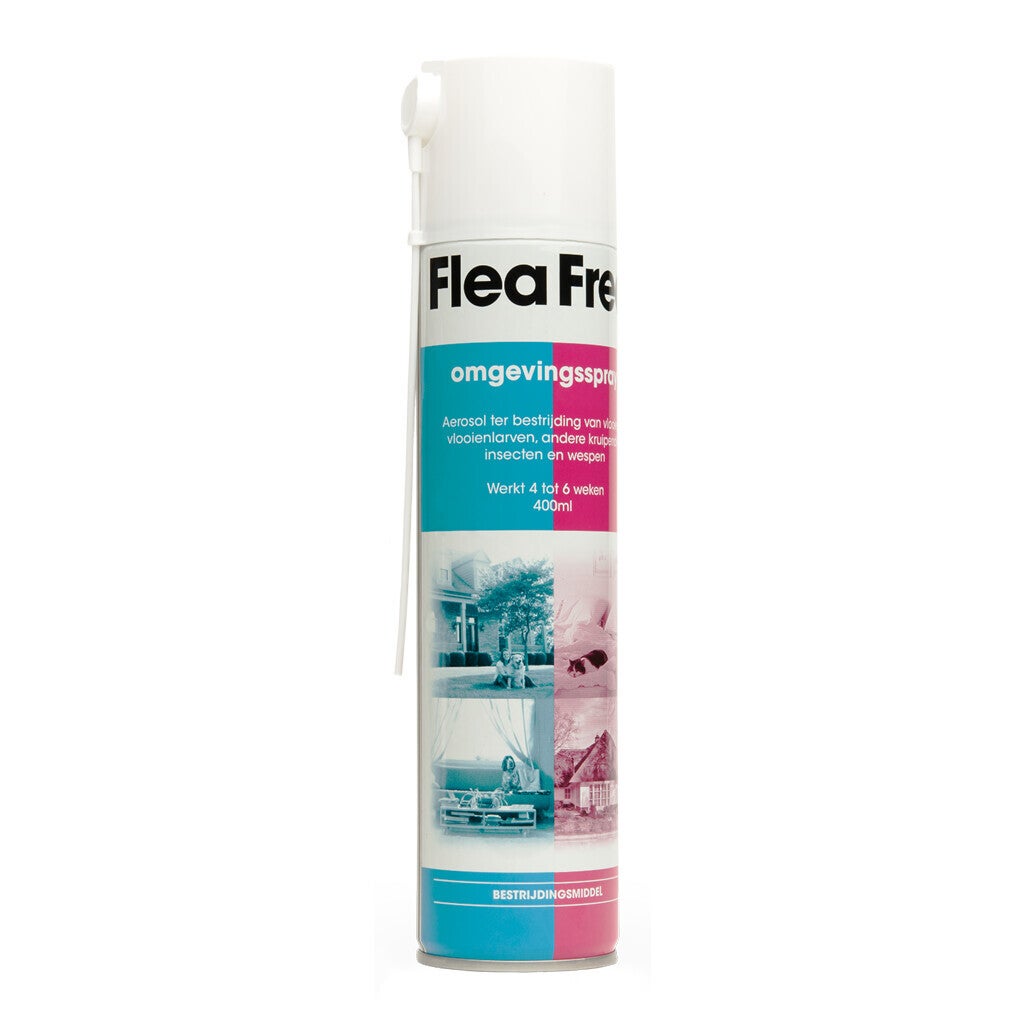 Flea Free Omgevingsspray 400ml Een spray ter bestrijding van kruipende insecten (zoals vlooien en kakkerlakken) en wespen in (woon)ruimten.