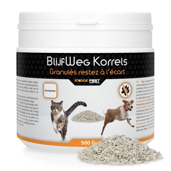 Knock Pest BlijfWeg Korrels (Outdoor) 500 g Helpt voorkomen dat huisdieren worden aangetrokken naar ongewenste plaatsen, zoals bloemperken, gazons of struiken.