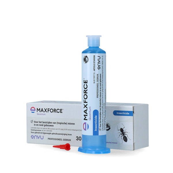 Maxforce Quantum 30 g Maxforce Quantum is een visceus lokmiddel op basis van de werkzame stof imidacloprid voor de bestrijding van de wegmier (Lasius niger) buiten en de faraomier (Monomorium pharaonis) en spookdraaigatje (Tapinoma melanocephalum ) binnen