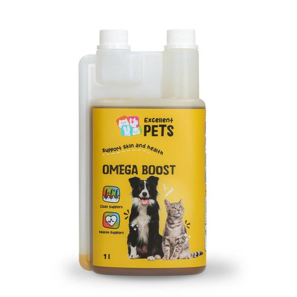 Excellent Pets Omega Boost 1 l  Excellent Pets Omega Boost is een aanvullend diervoeder voor honden, katten, konijnen en knaagdieren in vloeibare vorm. Het bevat essentiële vetzuren voor ondersteuning en herstel van de huid, het behoud van een glanzende v