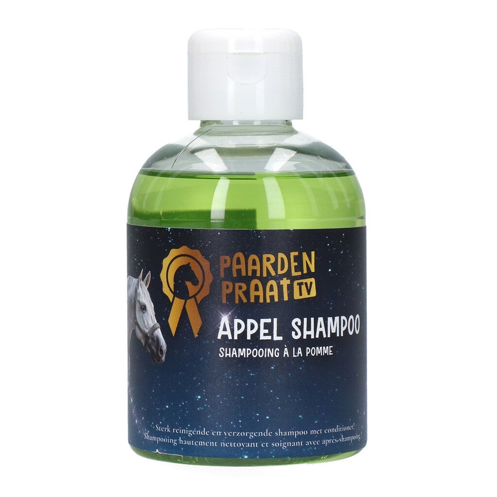 Paardenpraat TV Shampoo Appel of Rozen Sterk reinigende en verzorgende shampoo van Paardenpraat TV. Goedgekeurd door Britt Dekker en Esra de Ruiter.