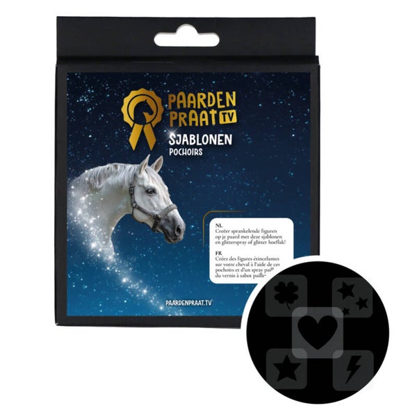 Paardenpraat TV Sjablonen 5 stuks Creëer sprankelende figuren op je paard met deze sjablonen en glitterspray of glitter hoeflak.
