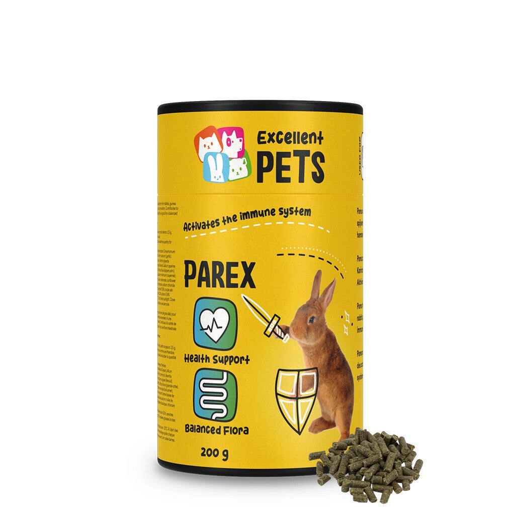 Excellent Pets Rabbit Parex 200 g Excellent Pets Rabbit Parex is een aanvullend diervoeder voor konijnen, cavia’s en hamsters in brokvorm. Het activeert het afweersysteem en draagt bij tot een gezonde en evenwichtige maag- en darmflora.