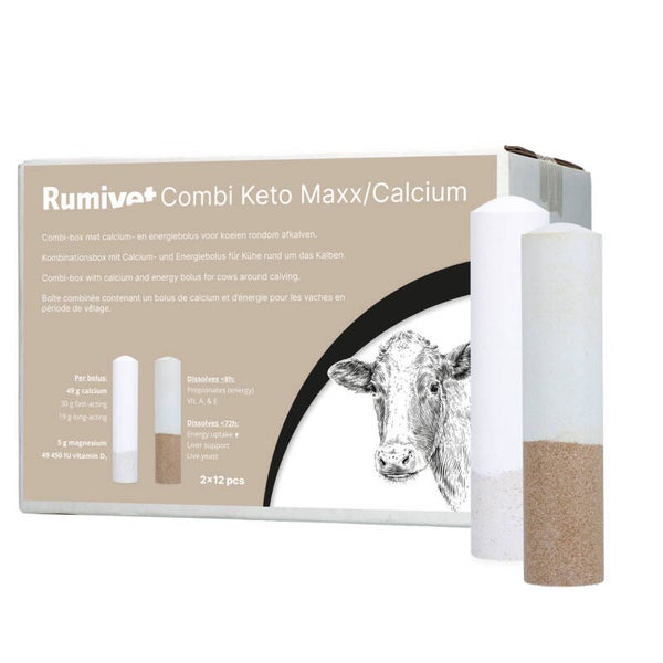 Rumivet Combi Keto Maxx/Calcium bolus 2x12 stuks Combi-box met calcium- en energiebolus voor koeien rondom afkalven, ter vermindering van het risico op melkziekte, subklinische hypocalciëmie en slepende melkziekte.