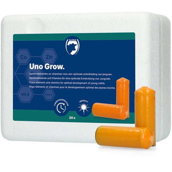 Excellent Uno Grow 20 x 112 g  Voorziet uw jongvee in 1 toediening van 6 belangrijke mineralen en 4 essentiële vitaminen.
