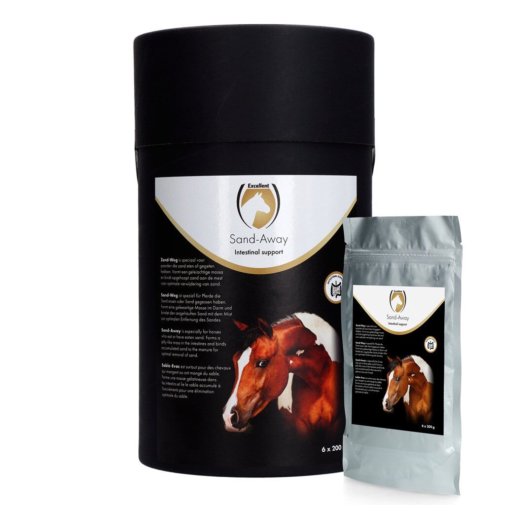 Excellent Horse Sand-Away 6 x 200 g Vormt een geleiachtige massa in de darmen en bindt opgehoopt zand aan de mest en om vervolgens het paardenlichaam te verlaten.