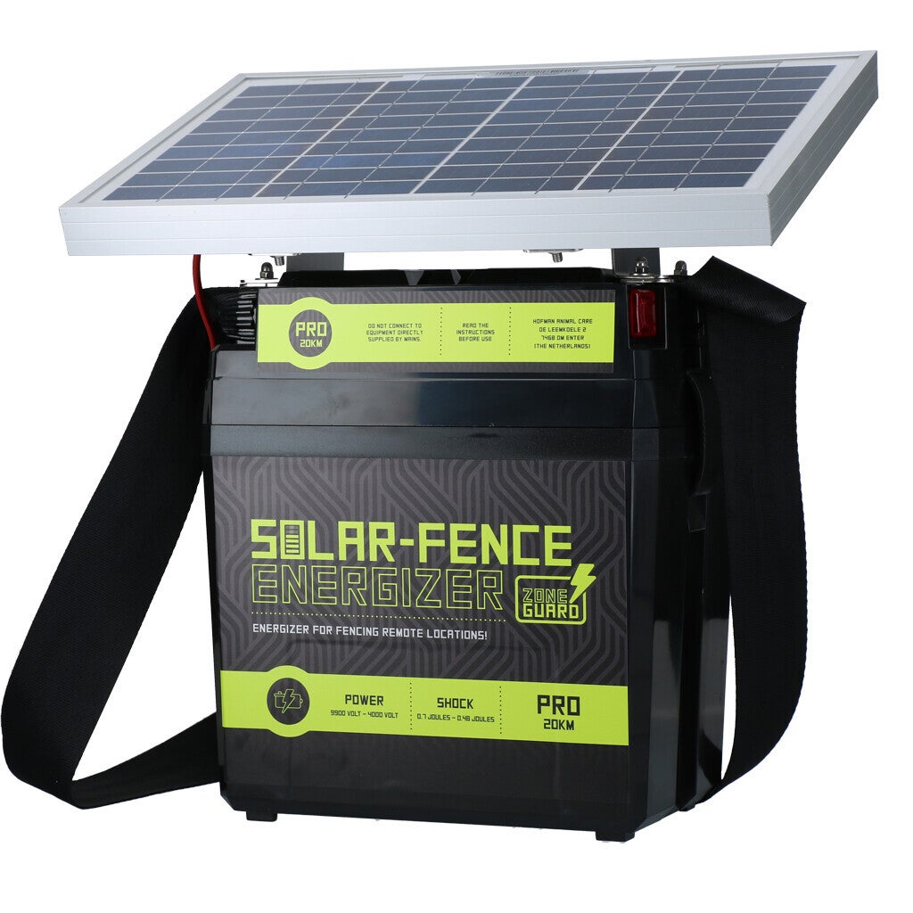 ZoneGuard Solar-Fence Energizer Pro 20 km Werkt op zonne-energie, zowel bij zonlicht als bij daglicht.