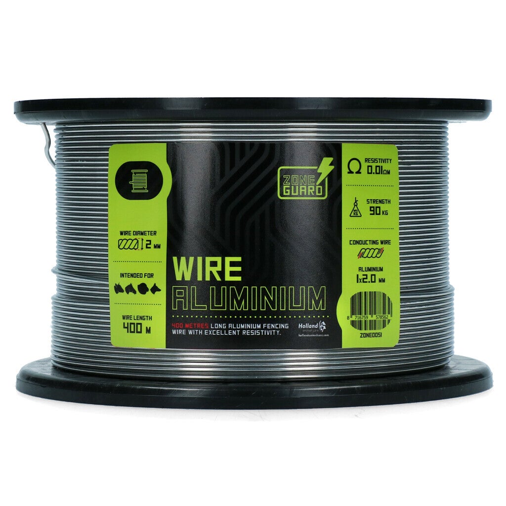 ZoneGuard Draad Basic aluminium 2 mm 400 m Bezit een geleidingsvermogen van 0,01 Ω/m en is 2 mm dik. Zeer handig om isolatoren om de paal te binden.