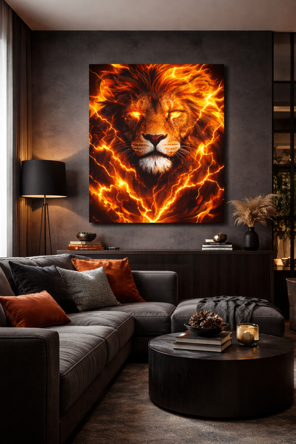 Inferno King Bold Lion Wall Art Canvas Stretched 0.75" | Power Strength Majesty