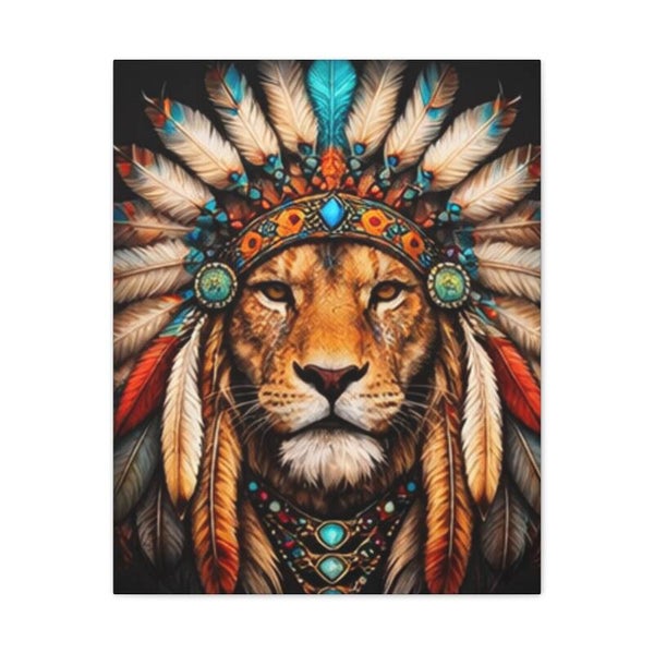 Spirit Chief Lion canvas | Native-inspired lion wall art, tribal animal print