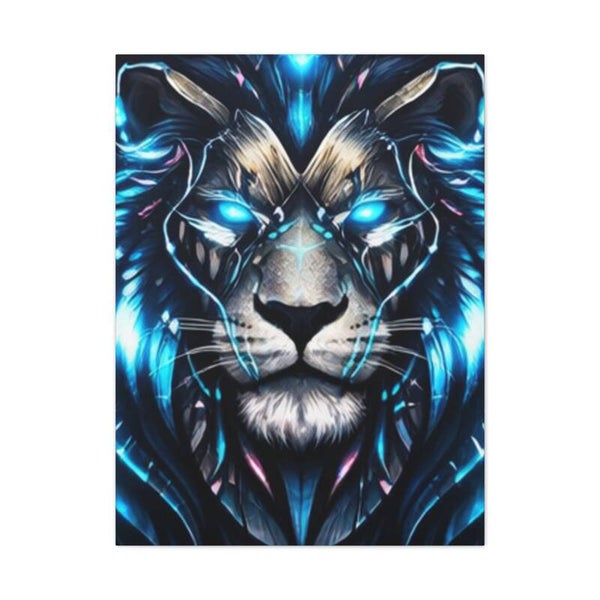 Neon Guardian Cyber Lion Canvas Stretched