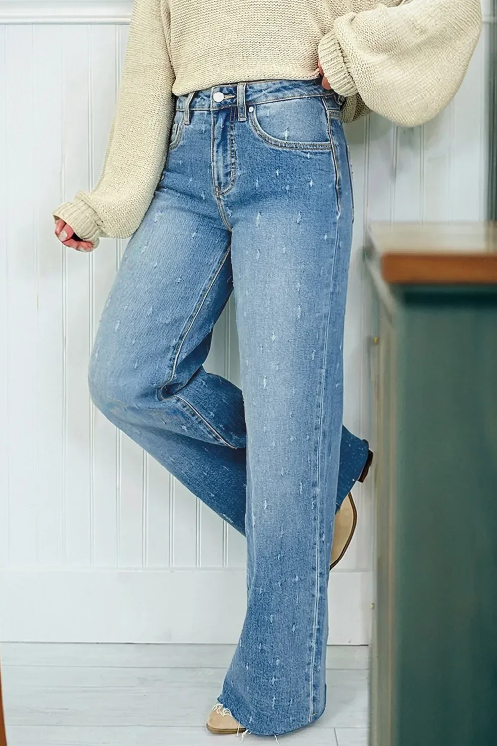 *Pre-Order* Mist Blue Distressed Detail Tummy Control Raw Hem Jeans