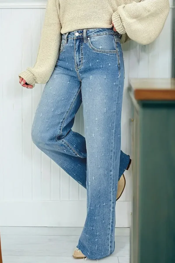 *Pre-Order* Mist Blue Distressed Detail Tummy Control Raw Hem Jeans